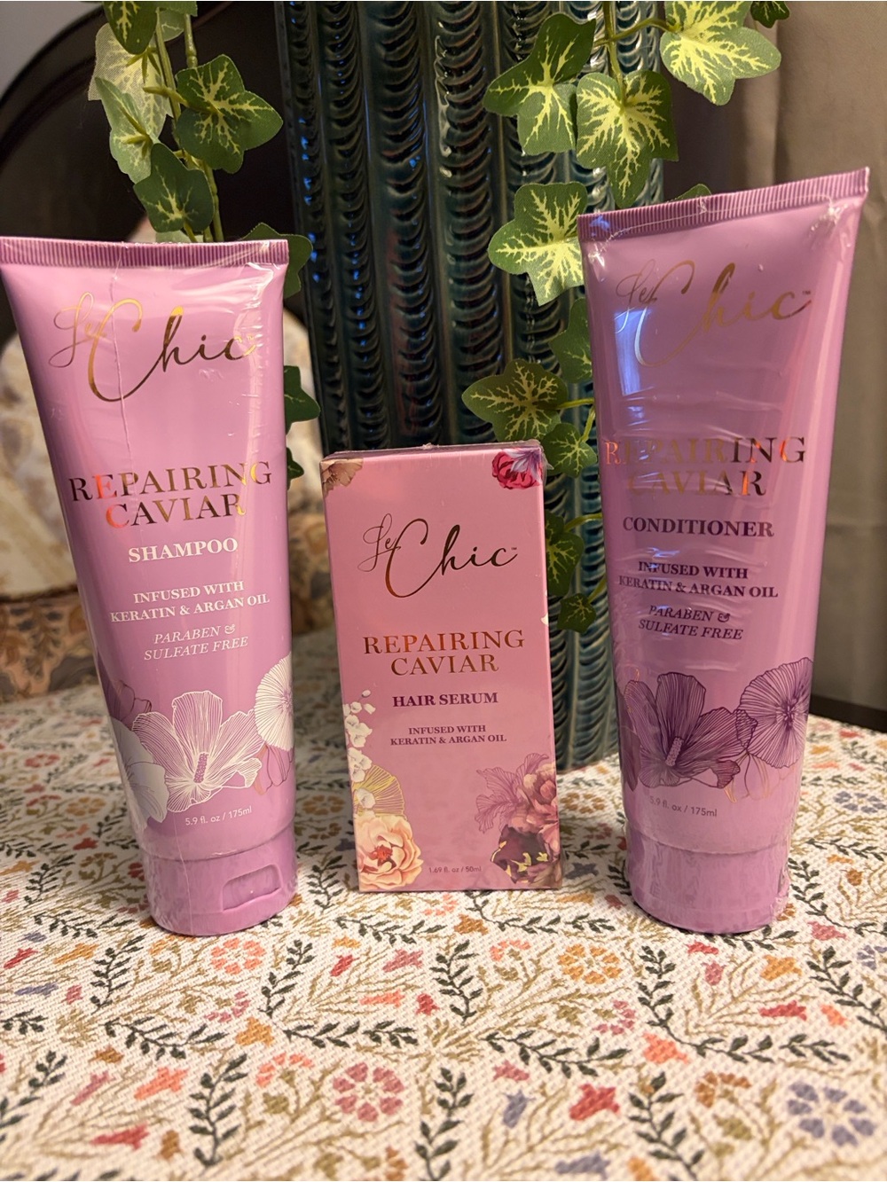 Luxury Le Chic repairing caviar shampoo, conditioner, and hair serum